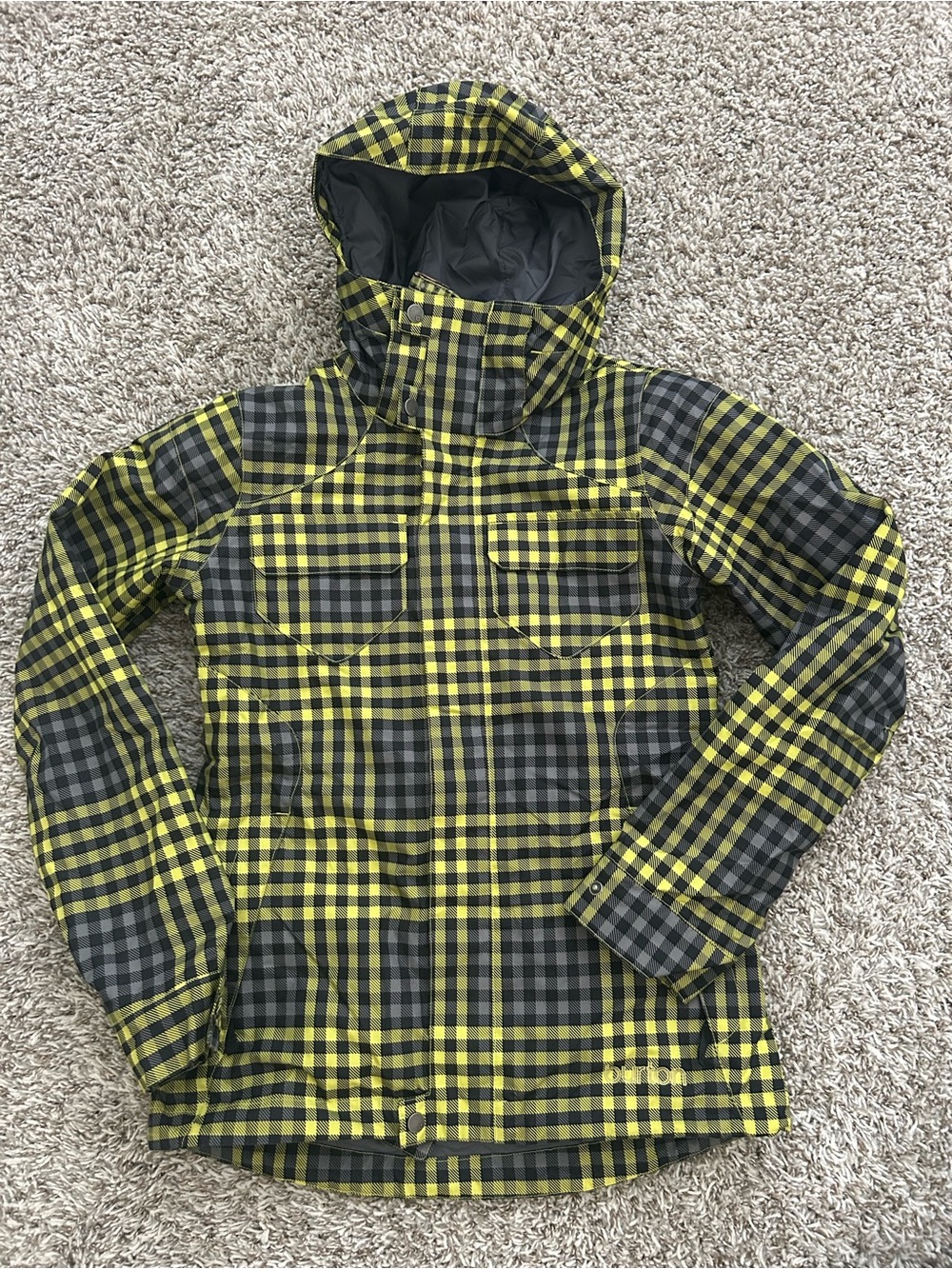 Burton Dry Ride Sherpa Lined Winter Snow Jacket Women's Small Plaid Black Yellow